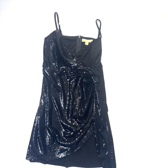 Michael Kors Sequin Matte Jersey Sleeveless Faux Wrap Mini Black Dress Sz XL New - Picture 3 of 16